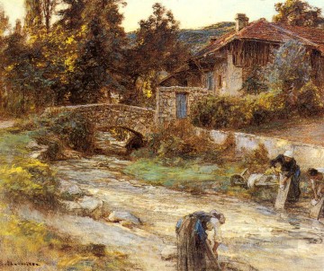 レオン・オーギュスティン・レルミット Painting - 建物のある小川にいる洗濯婦たち 田園風景を越えた農民 レオン・オーギュスティン・レルミット